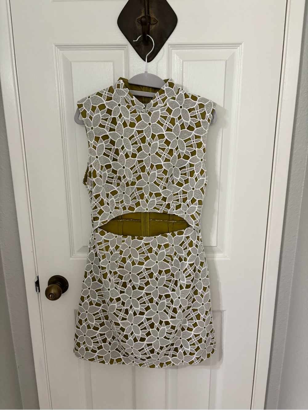 Sleeveless Olive Green Dress with White Floral Lace Overlay